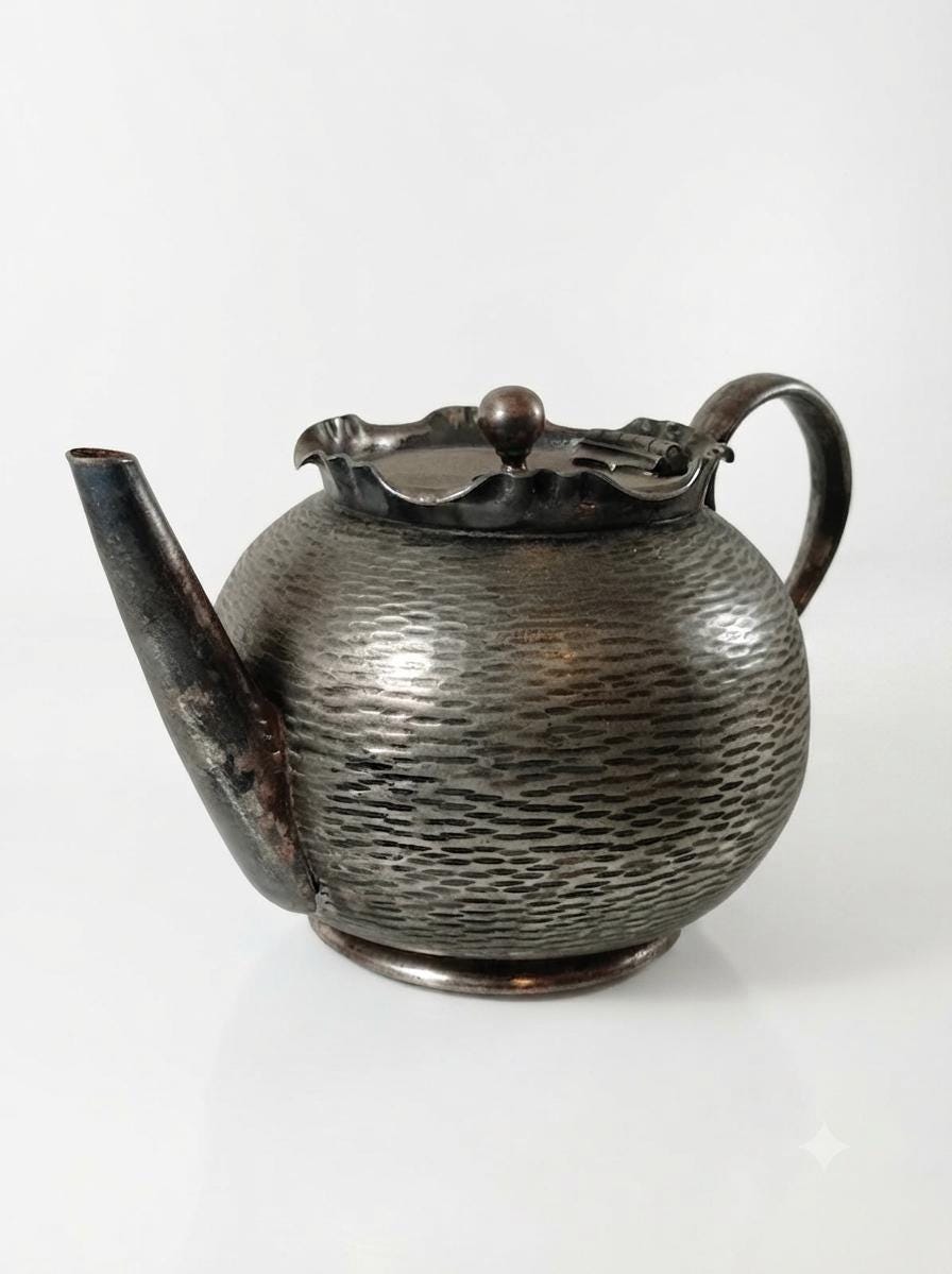 Silver Plated Teapot, Hammered Bachelor Teapot, H.J. Linton Paris, Made in England