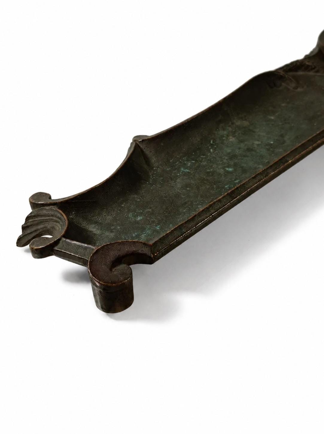 Pen Tray, Patinated Metal Desk Tidy with Shell Bowl, Scrolled Rims — European