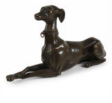 Bronze Greyhound Sculpture, Recumbent Whippet Dog Figurine with Collar, Dark Patina — European