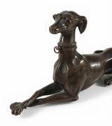 Bronze Greyhound Sculpture, Recumbent Whippet Dog Figurine with Collar, Dark Patina — European