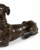 Bronze Greyhound Sculpture, Recumbent Whippet Dog Figurine with Collar, Dark Patina — European