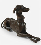Bronze Greyhound Sculpture, Recumbent Whippet Dog Figurine with Collar, Dark Patina — European