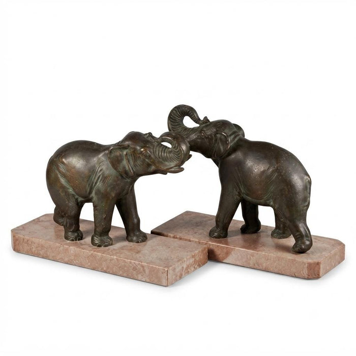 Art Deco Elephant Bookends Pair, Patinated Metal on Marble Bases — French Style, circa 1920s–1930s