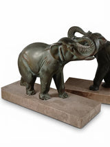 Art Deco Elephant Bookends Pair, Patinated Metal on Marble Bases — French Style, circa 1920s–1930s