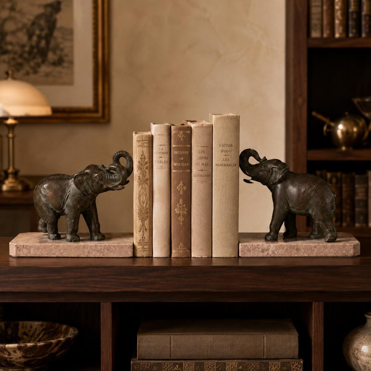 Art Deco Elephant Bookends Pair, Patinated Metal on Marble Bases — French Style, circa 1920s–1930s