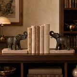 Art Deco Elephant Bookends Pair, Patinated Metal on Marble Bases — French Style, circa 1920s–1930s