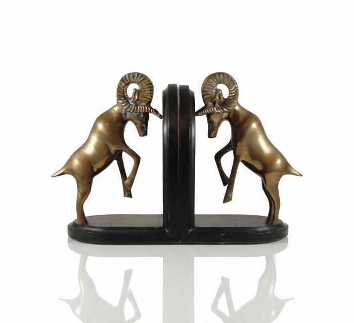 Vintage Brass Ram Bookends, Pair of Fighting Bighorn Sheep on Black Wood Bases, Mid-Century
