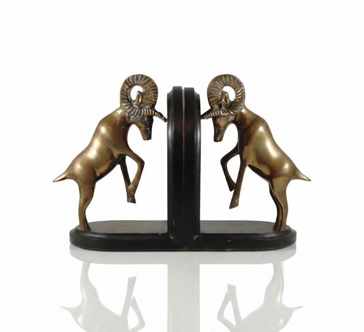 Vintage Brass Ram Bookends, Pair of Fighting Bighorn Sheep on Black Wood Bases, Mid-Century