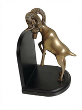 Vintage Brass Ram Bookends, Pair of Fighting Bighorn Sheep on Black Wood Bases, Mid-Century