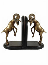 Vintage Brass Ram Bookends, Pair of Fighting Bighorn Sheep on Black Wood Bases, Mid-Century