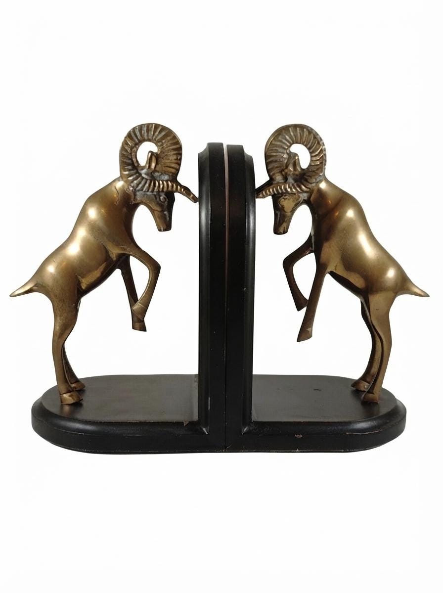 Vintage Brass Ram Bookends, Pair of Fighting Bighorn Sheep on Black Wood Bases, Mid-Century