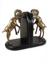 Vintage Brass Ram Bookends, Pair of Fighting Bighorn Sheep on Black Wood Bases, Mid-Century