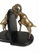 Vintage Brass Ram Bookends, Pair of Fighting Bighorn Sheep on Black Wood Bases, Mid-Century