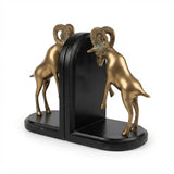 Vintage Brass Ram Bookends, Pair of Fighting Bighorn Sheep on Black Wood Bases, Mid-Century