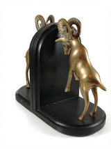 Vintage Brass Ram Bookends, Pair of Fighting Bighorn Sheep on Black Wood Bases, Mid-Century