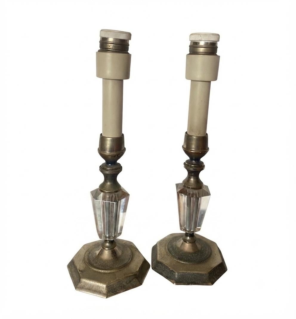 Pair of Vintage Boudoir Table Lamps, Cut Glass & Brass Accents