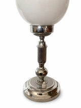 Pair of Vintage Chrome Table Lamps, Round Opaline Glass Globe Shades