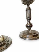 Pair of Vintage Chrome Table Lamps, Round Opaline Glass Globe Shades