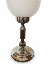 Pair of Vintage Chrome Table Lamps, Round Opaline Glass Globe Shades