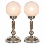 Pair of Vintage Chrome Table Lamps, Round Opaline Glass Globe Shades