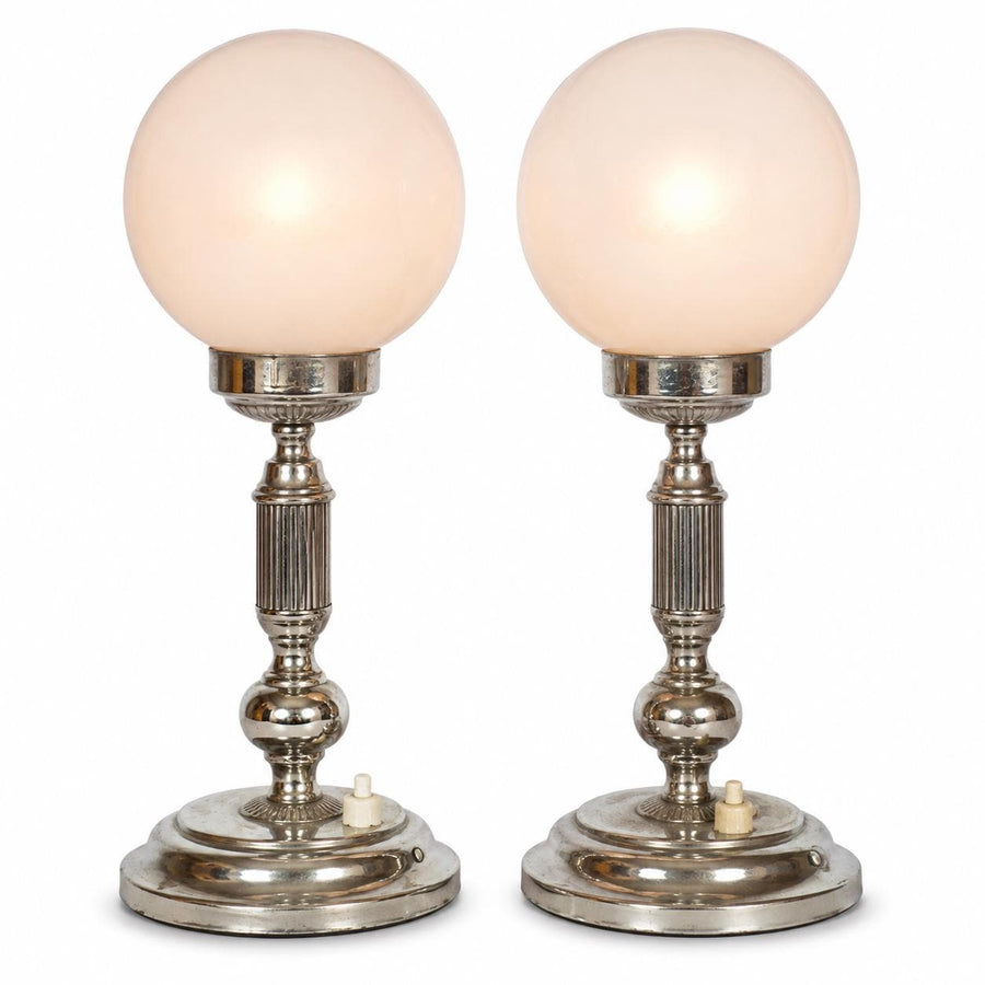 Pair of Vintage Chrome Table Lamps, Round Opaline Glass Globe Shades