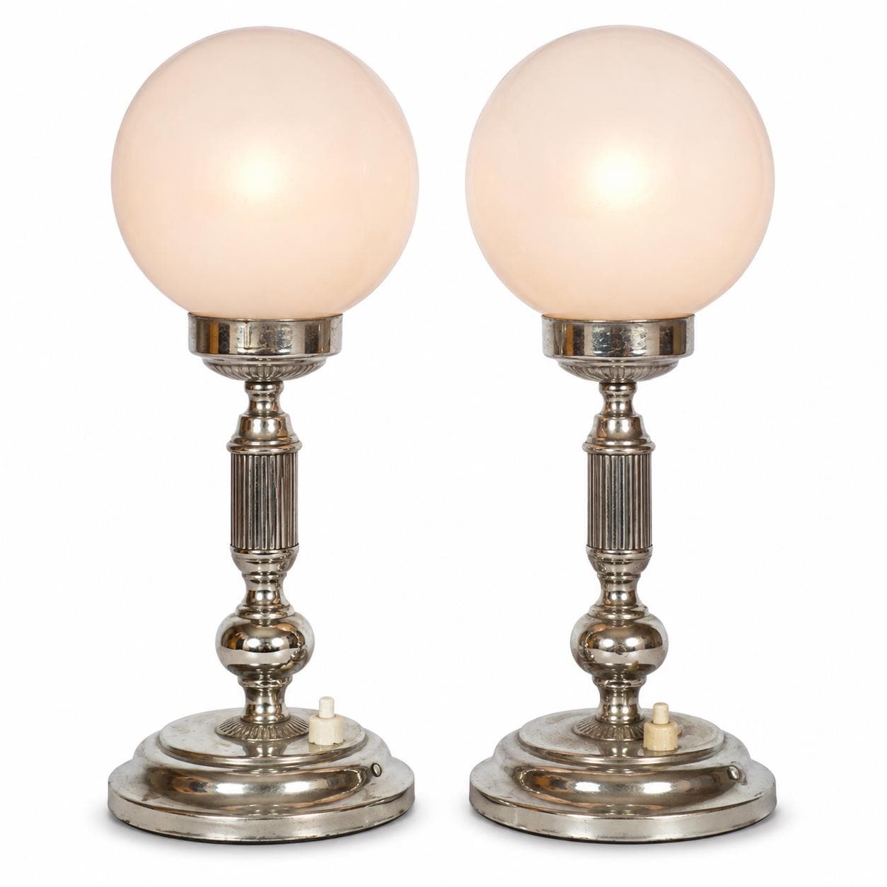 Pair of Vintage Chrome Table Lamps, Round Opaline Glass Globe Shades