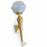 Pair of Vintage Brass Torch-Style Wall Sconces, Frosted Glass Globe Shades