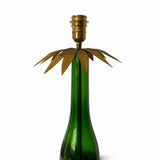 Vintage Emerald Green Blown Glass Table Lamp, Brass Leaf Accents, Marked C.B. 1299
