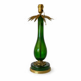 Vintage Emerald Green Blown Glass Table Lamp, Brass Leaf Accents, Marked C.B. 1299