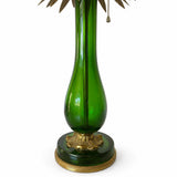 Vintage Emerald Green Blown Glass Table Lamp, Brass Leaf Accents, Marked C.B. 1299