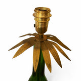 Vintage Emerald Green Blown Glass Table Lamp, Brass Leaf Accents, Marked C.B. 1299