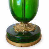 Vintage Emerald Green Blown Glass Table Lamp, Brass Leaf Accents, Marked C.B. 1299