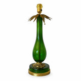 Vintage Emerald Green Blown Glass Table Lamp, Brass Leaf Accents, Marked C.B. 1299