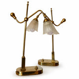 Pair of Vintage Brass Table Lamps, Art Nouveau Style, Frosted Glass Flower Shades