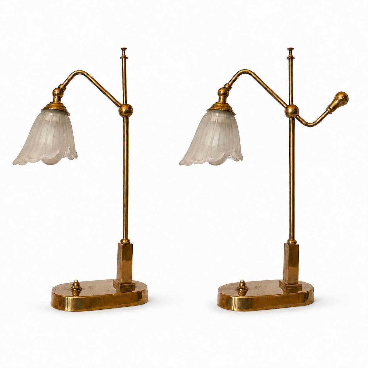 Pair of Vintage Brass Table Lamps, Art Nouveau Style, Frosted Glass Flower Shades
