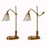 Pair of Vintage Brass Table Lamps, Art Nouveau Style, Frosted Glass Flower Shades