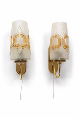 Vintage Wall Sconces Pair, Frosted Pressed Glass and Brass, Amber Detail — German, 1960s, Groewe Attributed