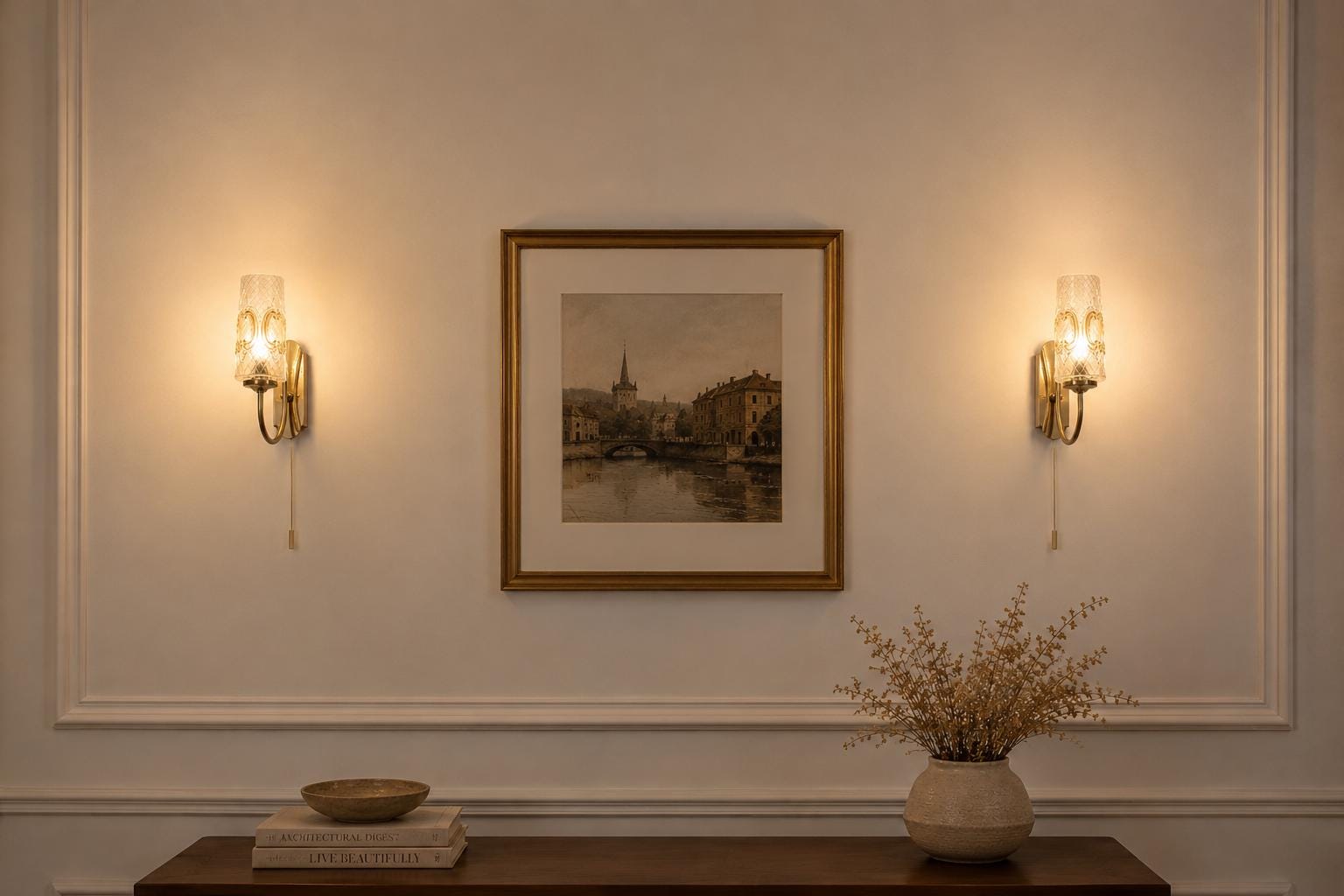 Vintage Wall Sconces Pair, Frosted Pressed Glass and Brass, Amber Detail — German, 1960s, Groewe Attributed
