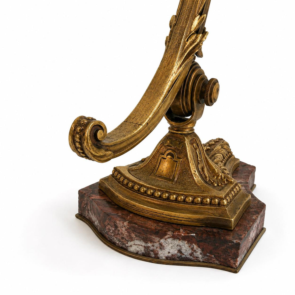Antique Style Desk Lamp, gilt bronze and Red Marble, Signed Mottled Glass Tulip Shade — French, Reims