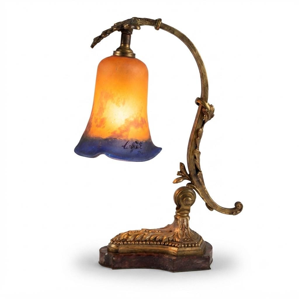Antique Style Desk Lamp, gilt bronze and Red Marble, Signed Mottled Glass Tulip Shade — French, Reims