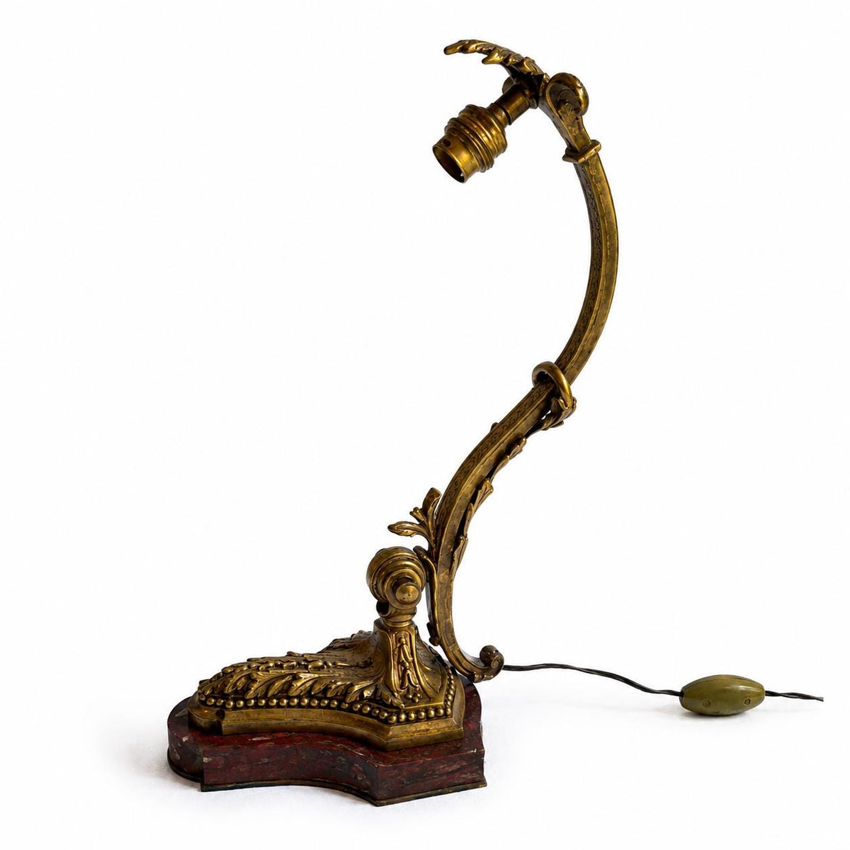 Antique Style Desk Lamp, gilt bronze and Red Marble, Signed Mottled Glass Tulip Shade — French, Reims