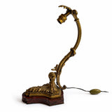 Antique Style Desk Lamp, gilt bronze and Red Marble, Signed Mottled Glass Tulip Shade — French, Reims