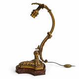Antique Style Desk Lamp, gilt bronze and Red Marble, Signed Mottled Glass Tulip Shade — French, Reims