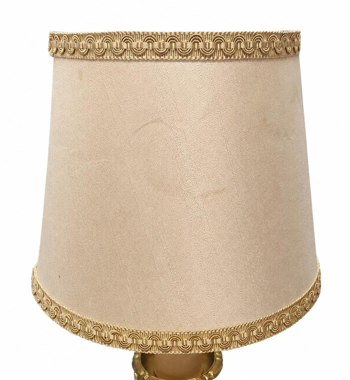 French Chamberstick Lamp, Gilt Metal Column Candlestick Table Lamp with Shade — 1950s–60s