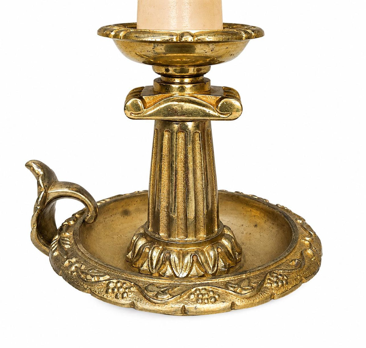 French Chamberstick Lamp, Gilt Metal Column Candlestick Table Lamp with Shade — 1950s–60s