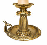 French Chamberstick Lamp, Gilt Metal Column Candlestick Table Lamp with Shade — 1950s–60s