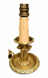 French Chamberstick Lamp, Gilt Metal Column Candlestick Table Lamp with Shade — 1950s–60s