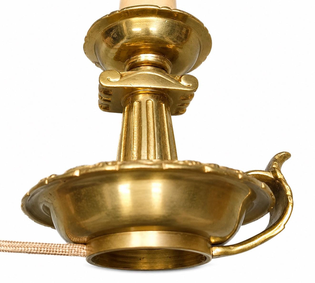 French Chamberstick Lamp, Gilt Metal Column Candlestick Table Lamp with Shade — 1950s–60s