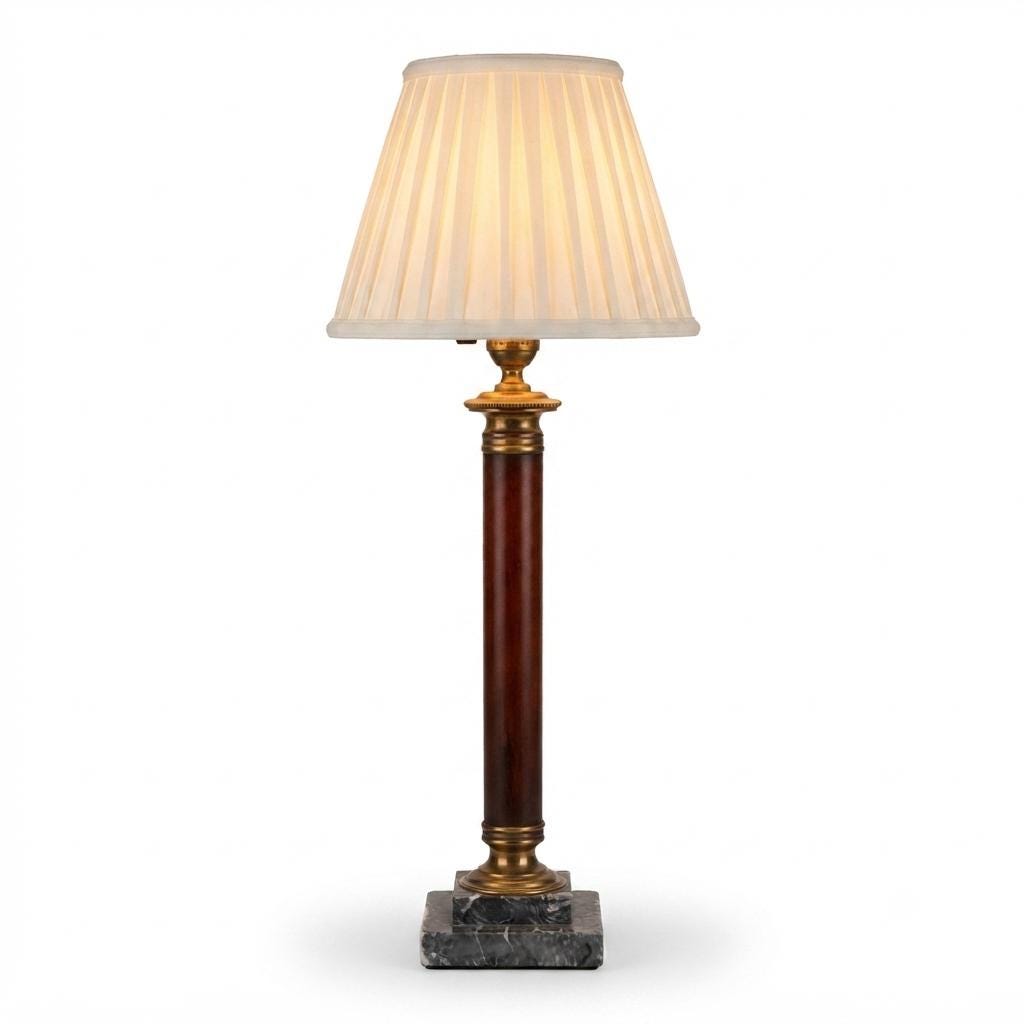 Column Table Lamp, Wood and Brass on Stepped Marble Base, Maison Jansen Style — French, 1950s–70s