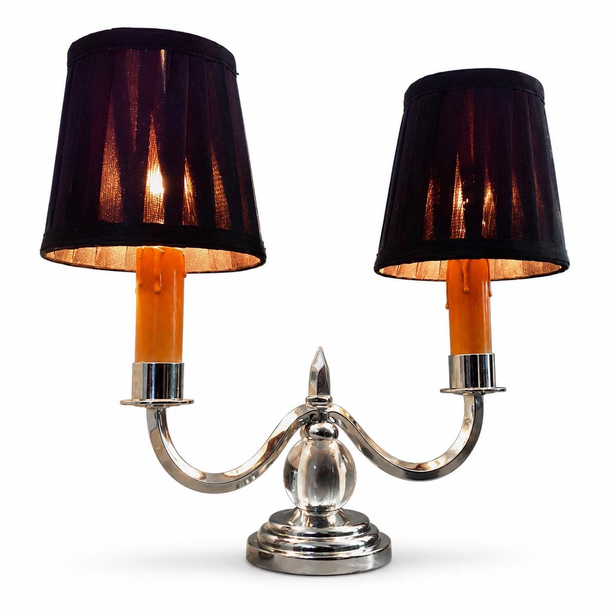 Art Deco Candelabra Lamp, Chrome Two Arm Table Lamp with Glass Ball, Adnet Style — French, 1930s Style